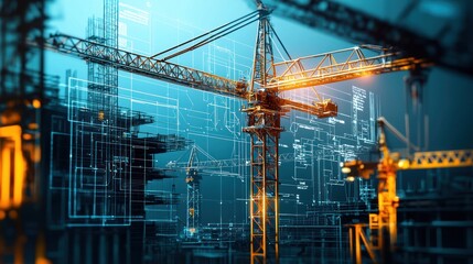 A digital representation of a construction site with cranes and architectural blueprints.