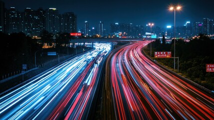 Nighttime cityscape with light trails from vehicles on a highway, showcasing urban life.