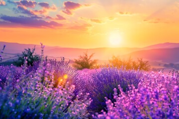 Fototapeta premium Sunset Glow Lavender, Decorative Backdrop, Glowing lavender field at sunset, the blooms shine in violet light, the sky in pastel tones, Lavender Field at Sunset.