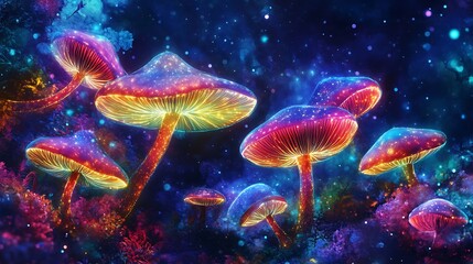 A group of mushrooms with glowing lights