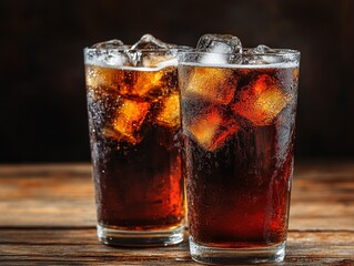 Two glasses of cola filled with ice on a wooden surface, showcasing a refreshing beverage.