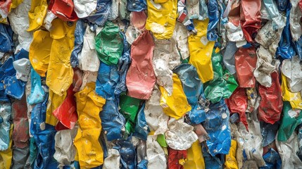 A colorful pile of crushed plastic waste. Illustrates recycling, waste management, or pollution.
