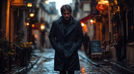 Obraz premium A solitary figure walks through a rainy street.