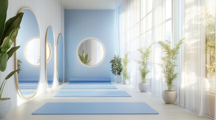 A serene yoga studio with mirrors, mats, and plants, promoting relaxation and wellness.