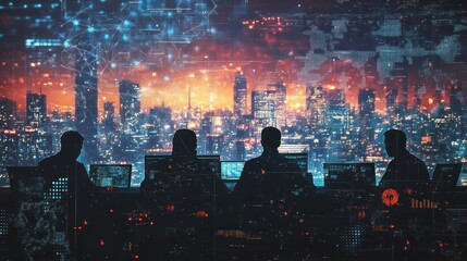 Obraz premium Silhouetted figures in a tech-oriented workspace overlooking a cityscape at dusk.