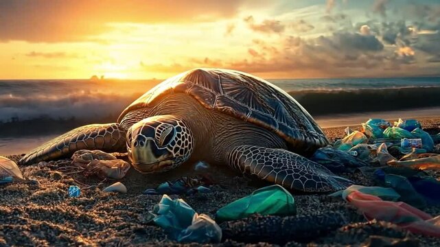 A sea turtle rests on a polluted beach surrounded by plastic waste during a vibrant sunset. Concept of environmental degradation, marine life, and the impact of pollution.