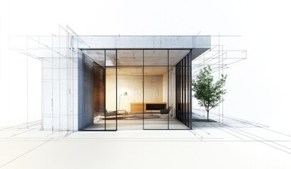Modern architectural design featuring a glass facade and minimalist interior.