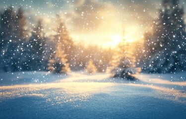 Fototapeta premium A serene winter landscape with falling snow and a glowing sunset behind snowy trees.