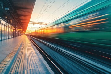 A blurred train moves past a platform at sunset, capturing the essence of travel and motion.
