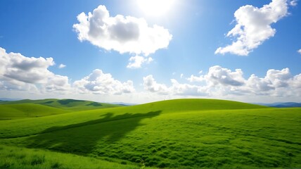 Fototapeta premium Sun-Kissed Meadow: A vibrant green meadow stretches under a clear blue sky, bathed in the warm glow of the sun. The clouds drift lazily overhead, casting long shadows across the rolling hills.