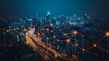 Fototapeta premium Smart digital Innovation city with connection network reciprocity over the cityscape. of future smart wireless city and social media networking systems that connects business people with in city