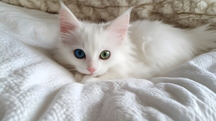 Adorable White Kitten With Heterochromia Eyes Resting On Bedding