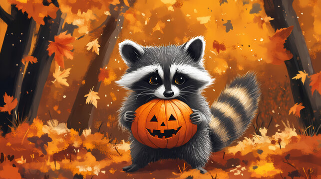 Cute raccoon dacing with pumpkin. Feral. Illustration