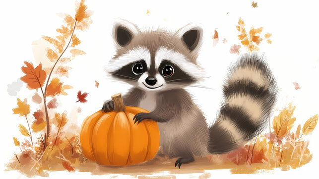 Cute raccoon dacing with pumpkin. Feral. Illustration