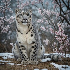 Obraz premium A snow leopard sitting gracefully in a field surrounded by icy flowering trees.