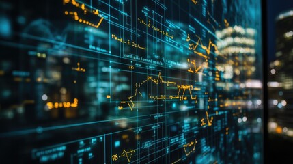 Futuristic Financial Data Visualization on Digital Display in Urban Cityscape