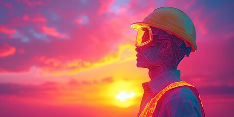 Silhouette of a construction worker at sunset.