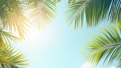 Lush Green Palm Leaves Framing Bright Blue Sky in Tropical Paradise Setting, Ideal for Travel, Nature and Relaxation Themes Imagery
