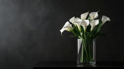 A bouquet of white calla lilies in a modern glass vase on a minimalist black table, side view shot, Contemporary style © ArpPSIqee