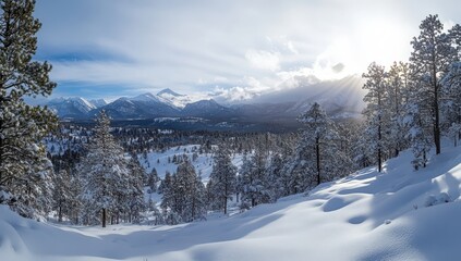 Obraz premium Majestic Winter Landscape with Snow-Covered Pines and Mountain Range Under Bright Blue Sky and Soft Sunlight in a Serene Natural Setting
