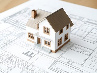 Model house building on architectural blueprints. Ideal for real estate promotions, architectural designs, or construction themes.