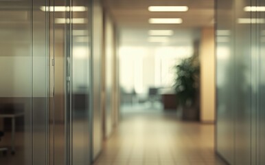 Modern Office Interior with Blurred Glass Partitions and Natural Lighting Creating a Professional Atmosphere for Collaboration and Productivity