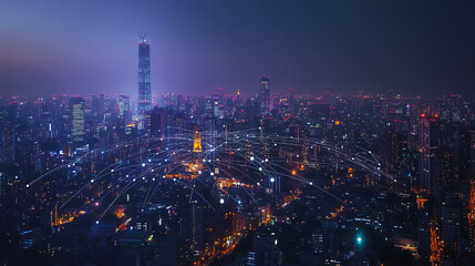 Fototapeta premium Smart digital Innovation city with connection network reciprocity over the cityscape. of future smart wireless city and social media networking systems that connects business people with in city