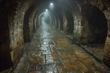 Naklejka premium A cobblestone pathway leads through an ancient stone archway, illuminated by dim lights. AI generative. .