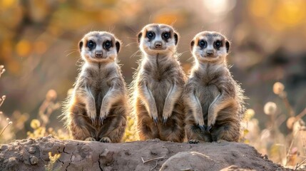 Fototapeta premium These three adorable animals look like lemurs but are actually meerkats from a zoo.