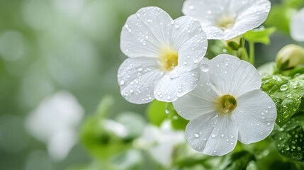 Fototapeta premium White Flowers Dew Drops Garden Green Background