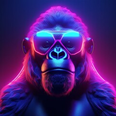 a Gorilla glowing with a pinkish hue, wearing sungkasses