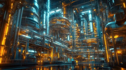 Intricate industrial complex with glowing pipes and machinery. Ideal for illustrating futuristic technology, advanced manufacturing, or energy production.