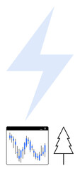 Lightning bolt with stock market chart and pine tree outline. Ideal for finance, nature, energy, environment, technology, analytics, and sustainability themes. Line metaphor