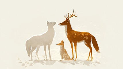 Obraz premium Three animals, a deer and two foxes, are standing together in a snowy field