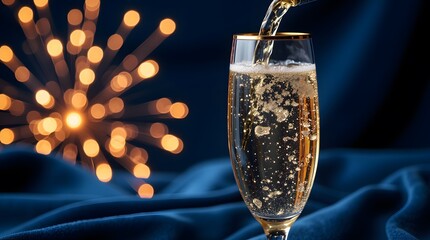Celebrating the New Year with a glass of sparkling champagne. Golden bubbles shimmer against a dark blue backdrop, illuminated by festive lights.