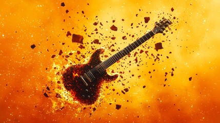 Dramatic rock music cover featuring a shattered guitar in fiery background