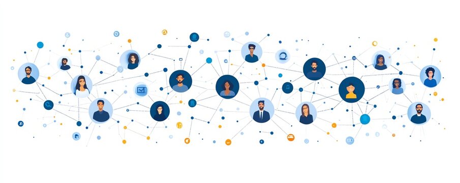 Group of professionals working together on digital technology solutions, with global business network connections, data analytics, and social media marketing platforms
