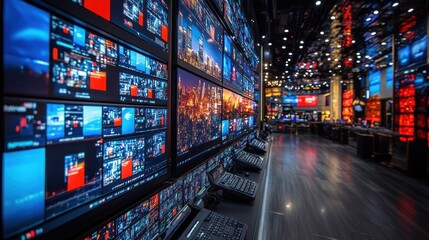 Control room with multiple screens displaying data.