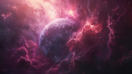 A planet sits within a vibrant, swirling nebula of pinks and purples, with scattered stars. AI generative. .