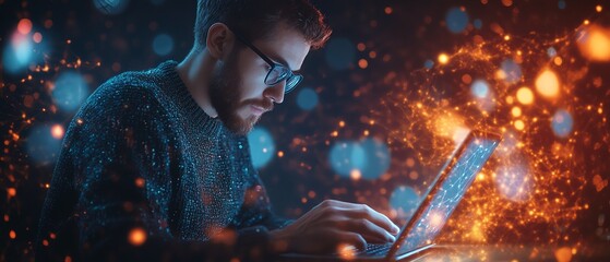 Man using a laptop and mobile phone, immersed in a futuristic digital environment, with glowing internet network connections and cuttingedge technology innovations