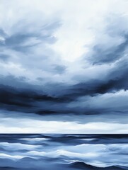 Obraz premium Serene Ocean Scene with Dramatic Clouds and Waves in Blue Tones
