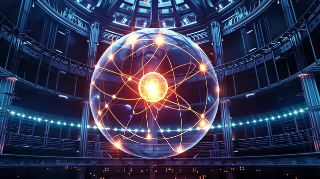 Inside the main dome of the Electron Cloud Observatory a large glowing model of an atom dominates the room displaying the complex structure of electron clouds.