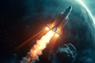 Space shuttle soaring through space, leaving a trail of smoke and light against a backdrop of a blue planet. AI generative. .