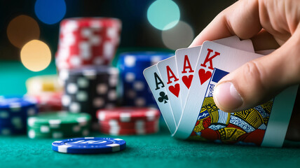 High stakes poker hand with aces and chips on table