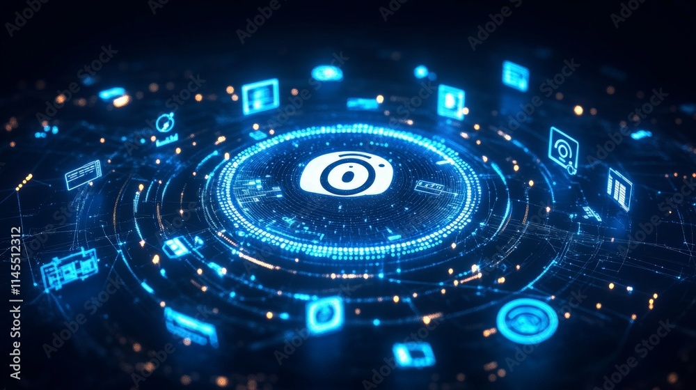 Wall mural digital background with glowing icons representing internet concepts