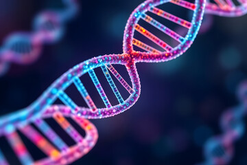 Abstract visualization of a colored DNA molecule structure representing genetic code with double helix pattern and molecular bonds.