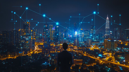 Smart digital Innovation city with connection network reciprocity over the cityscape. of future smart wireless city and social media networking systems that connects business people with in city
