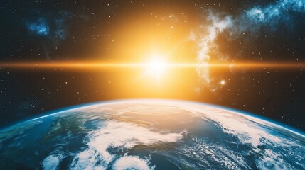 A stunning sunrise view of Earth from space reveals vibrant colors and twinkling stars.