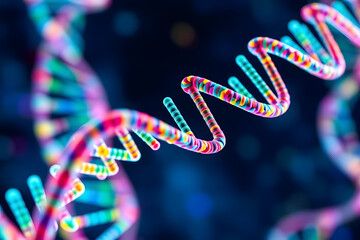 Abstract visualization of a colored DNA molecule structure representing genetic code with double helix pattern and molecular bonds.