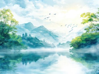 Serene mountain lake landscape with lush greenery and birds in a tranquil, misty atmosphere.